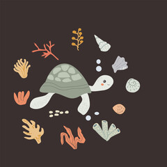 Childrens sea animal background with shell. Nautical elements card. Cute fish or ocean inhabitant with seaweed. Sea wild life, marine animals with plants for cover design, cloth