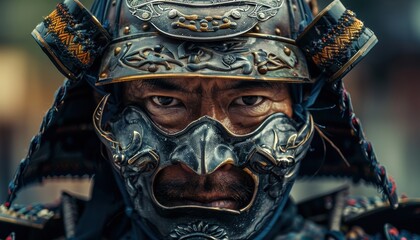 Portrait of a fierce samurai warrior in traditional armor, demonstrating strength, honor, and historical Japanese culture.