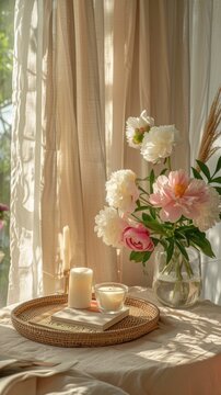 a home interior with peonies in a vase, complemented by a wicker tray with candles and a book against a window backdrop.