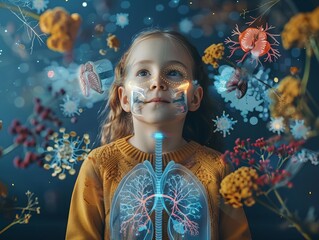 Fototapeta premium A young girl surrounded by a magical representation of the human respiratory system, plant, and microscopic organisms, evoking imagination and science.