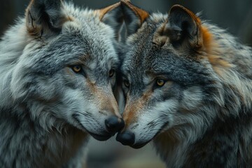 Fototapeta premium Close-up of two gray wolves touching noses, showcasing their intense gaze and beautiful fur patterns in a natural setting.