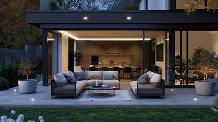 a modern outdoor terrace at night, adorned with garden furniture and contemporary LED lighting, with a spacious glass door leading to a lounge area.