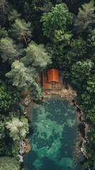 tiny house from above , solitude , calme transparent water , trees , 