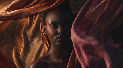 Black woman art and fashion fabric movement on dark background with beauty and aesthetic motion Flowing silk fantasy and artistic serious African model in brown creative designer dress : Generative AI