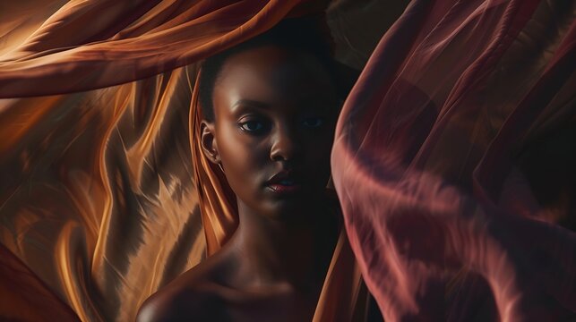 Black woman art and fashion fabric movement on dark background with beauty and aesthetic motion Flowing silk fantasy and artistic serious African model in brown creative designer dress : Generative AI