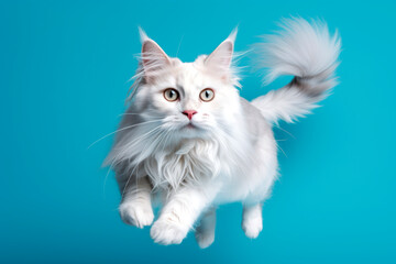 Stock minimalist photography of a white Maine Coon cat jumping on a blue background