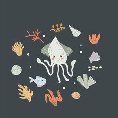 Childrens sea animal background with shell. Nautical elements card. Cute fish or ocean inhabitant with seaweed. Sea wild life, marine animals with plants for cover design, cloth