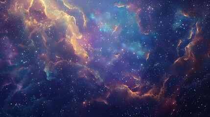 Fototapeta premium Nebulous clouds and stars with currency symbols scattered across the cosmos backdrop