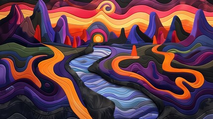 Obraz premium Vibrant Abstract Landscape with Wavy Layers and Mountains in Bold Colors 