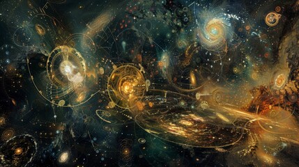 Galaxies and cosmic dust with intricate currency patterns in space-time fabric backdrop