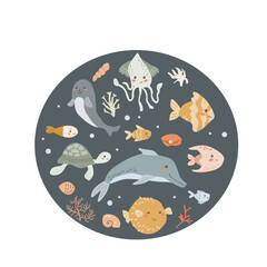 Fototapeta premium Childrens sea animal background with shell. Nautical elements card. Cute fish or ocean inhabitant with seaweed, shells. Sea wild life, marine animals background with plants for cover design, cloth