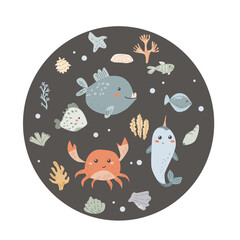 Childrens sea animal background with shell. Nautical elements card. Cute fish or ocean inhabitant with seaweed, shells. Sea wild life, marine animals background with plants for cover design, cloth