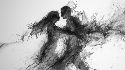 Silhouette of couple in ink splash style - The silhouette of a romantic couple merges with flowing ink splashes, depicting a dance or embrace