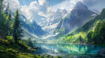 Beautiful nature landscape with mountains and lake 