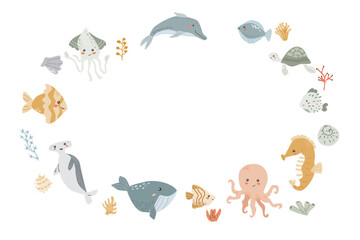 Cute marine frame with sea animals, shell, dolphin and other ocean inhabitants. Nursery pastel design. Childrens sea animals background.