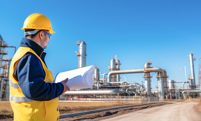 Civil engineer at petrochemical plant, holding site plans, in red and yellow safety gear, bright daylight