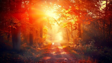 Forest Road Under Sunset Sunbeams Lane Running Through The Autumn Deciduous Forest At Dawn Or Sunrise Toned Instant Photo : Generative AI