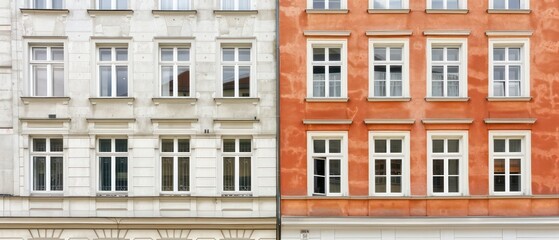 Obraz premium A charming European building facade featuring ornate windows and a balcony, blending traditional design with the allure of an old-world city atmosphere