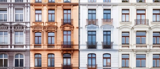 Fototapeta premium A charming European building facade featuring ornate windows and a balcony, blending traditional design with the allure of an old-world city atmosphere