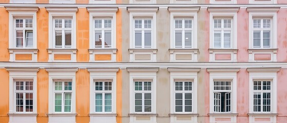 Fototapeta premium A charming European building facade featuring ornate windows and a balcony, blending traditional design with the allure of an old-world city atmosphere