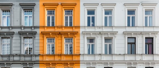 Fototapeta premium A charming European building facade featuring ornate windows and a balcony, blending traditional design with the allure of an old-world city atmosphere