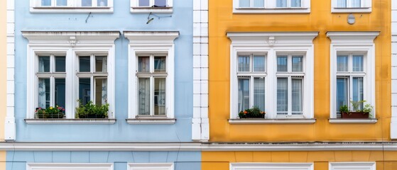 Obraz premium A charming European building facade featuring ornate windows and a balcony, blending traditional design with the allure of an old-world city atmosphere