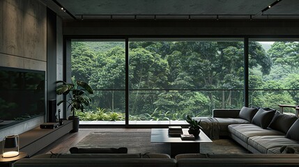 Fototapeta premium Elegant Modern Living Room with Concrete Walls, Grey Couch, and Panoramic Views of Nature 
