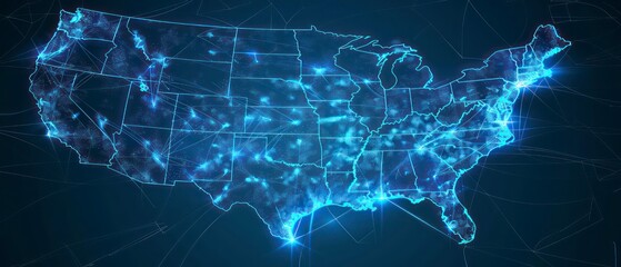 A modern US map showcasing glowing blue lines that intricately connect states, embodying futuristic advancements in digital mapping and connectivity
