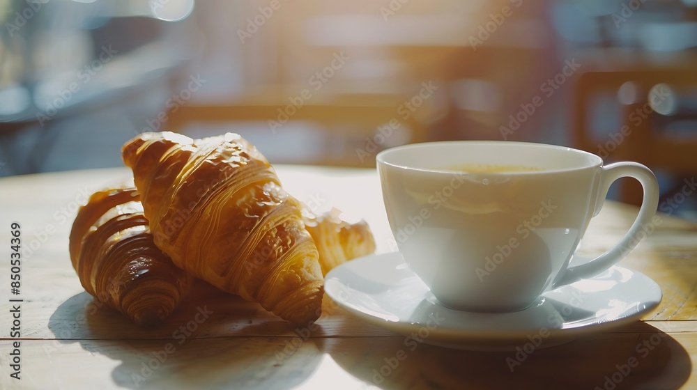 Poster breakfast view a bunch of croissant and a cup of coffee with cafe vibe background : generative ai