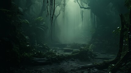 Exotic foggy forest. Jungle panorama, forest oasis. Foggy dark forest. Natural forest landscape.