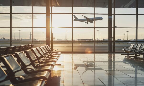 aeropuerto futurista. ventana y avi&oacute;n despegando