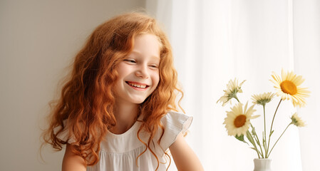 Naklejka premium Smiling redhead girl enjoying a daisy's scent, sitting at a white table