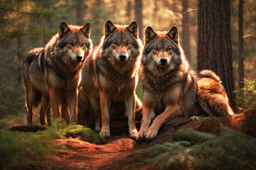 Stunning Pretty Wolf Pack Relaxing In The Forest 300 PPI High Resolution Cinematic Digital Art Image