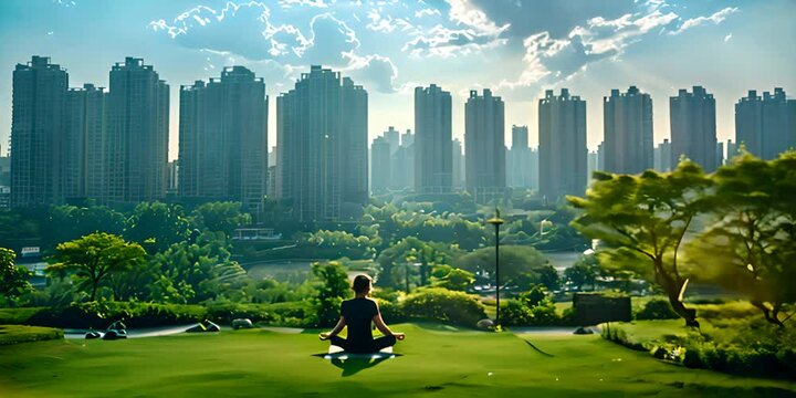 A woman sits meditating in a park, the hum of the city a distant murmur against the rustle of leaves in the breeze