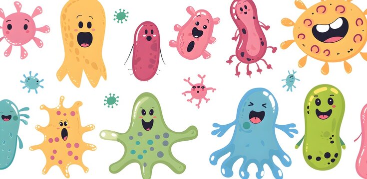 bacteria and viruses, cute illustrations and drawings of microorganisms, funny and cute, colorful, of different types and shapes