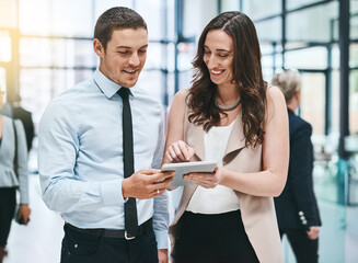 Business people, tablet and management talk with collaboration, online and planning for project...