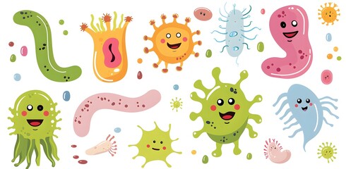 Fototapeta premium bacteria and viruses, cute illustrations and drawings of microorganisms, funny and cute, colorful, of different types and shapes