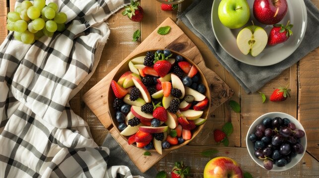 a colorful fruit salad arranged artfully on a wooden table, showcasing the vibrant variety of fresh fruits and a kitchen towel.