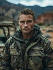 Obraz premium Man in military uniform standing in a mountainous landscape.