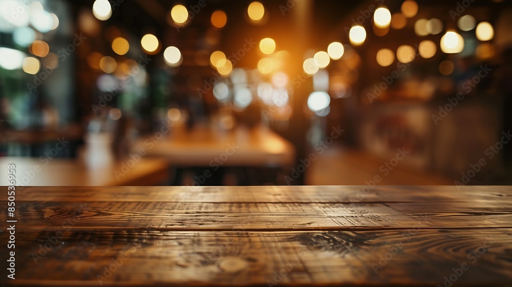 Poster empty wooden table and blurred background of abstract in front of restaurant or coffee shop for disp