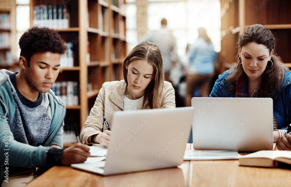 Poster laptop, research and students learning at college library for education, knowledge or test preparati
