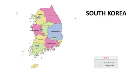 South Korea Map. State and union territories of South Korea. Detailed colourful Political map of South Korea with Country capital and important cities. 