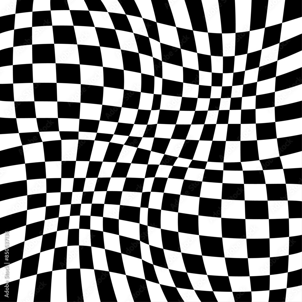 Poster Abstract curved and viscous chess pattern. Liquid checkerboard pattern made of curved mesh.