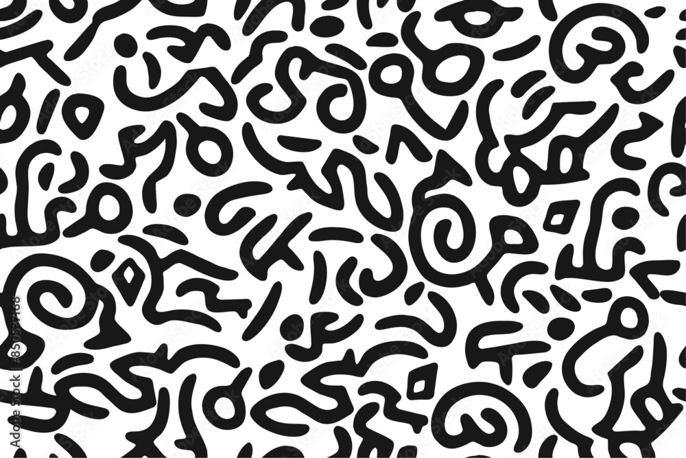 Fototapete seamless pattern of ornate scribbles creating intricate strokes. black squiggles on a white backgrou