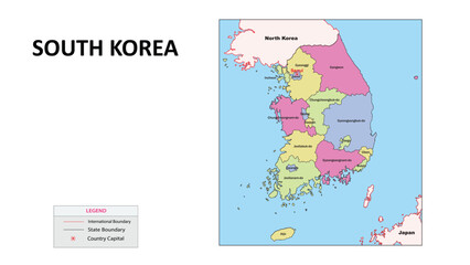 South Korea Map. State map of South Korea. State map of South Korea in colour with capital.