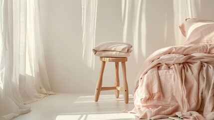a cozy bedroom bathed in light pink pastel hues, featuring a bed of light wood, beige linen pillows, and a blanket draped over a chair beside a window.