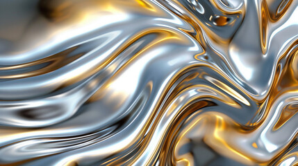 Abstract background resembling flowing liquid metal, with shimmering silver and gold ripples, smooth and high-tech visual effect