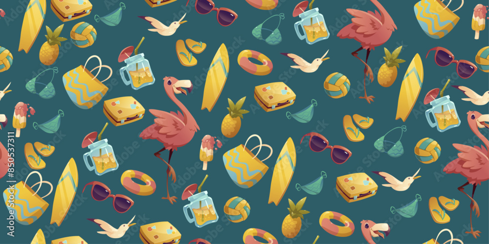 Poster summer pattern of beach elements. seamless bright stylish and repeating beach pattern. surfing, seag