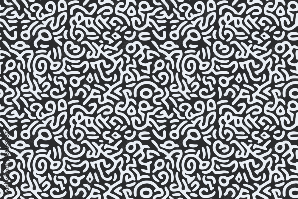 Poster Scribbles labyrinth is black and white. A seamless pattern of ornate scribbles creating intricate strokes.