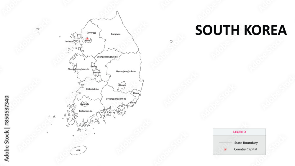 Wall mural South Korea Map. State and district map of South Korea. Administrative map of South Korea with states and boundaries in white color.